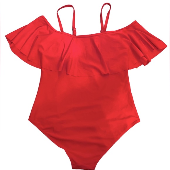 DACI swimwear Gorgeous RED women’s one piece swimsuit with ruffle accent NWT - Picture 2 of 6